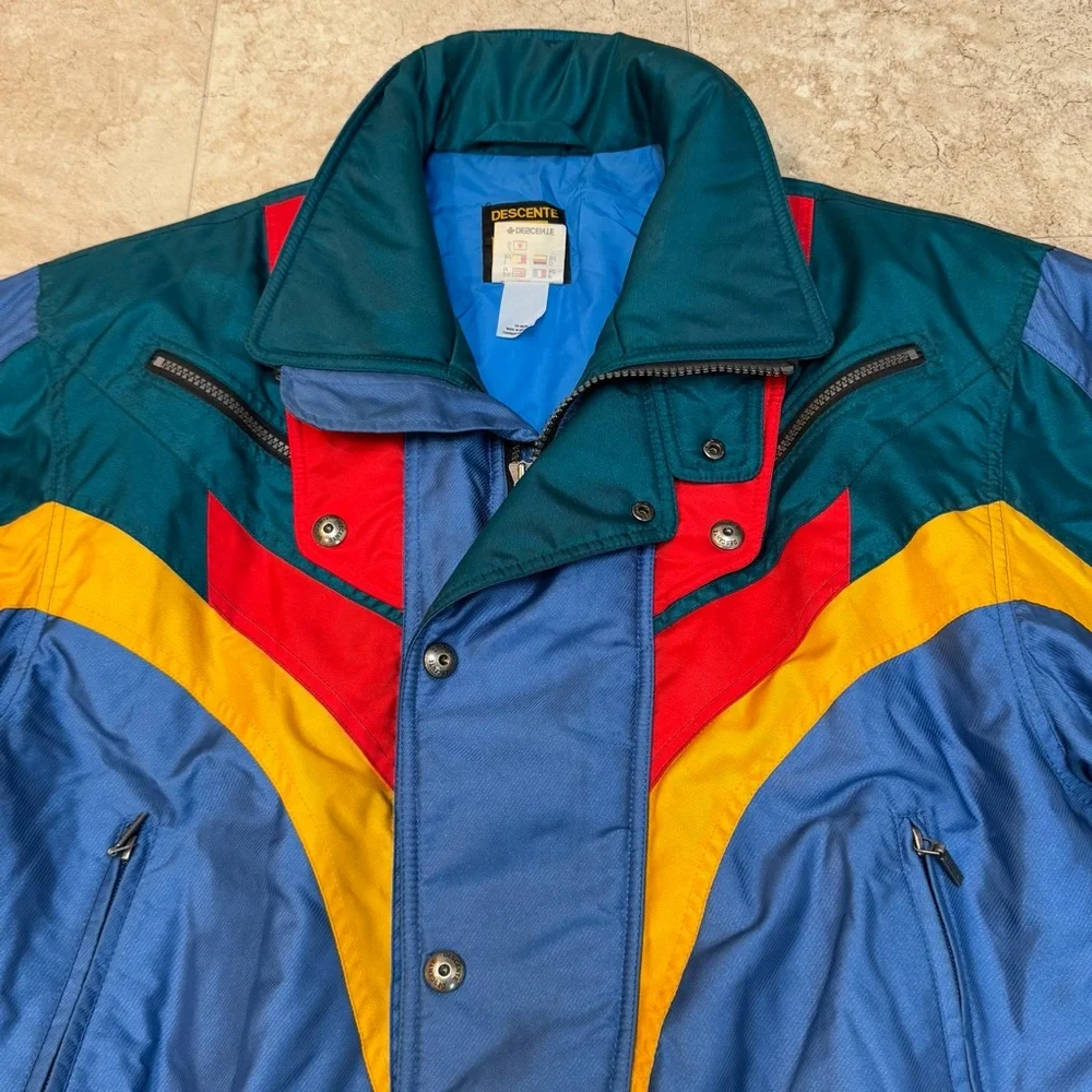 VTG Retro Descente Men’s Ski Blue Red Green Yellow 90s 80s Jacket Size Medium - Picture 3 of 15